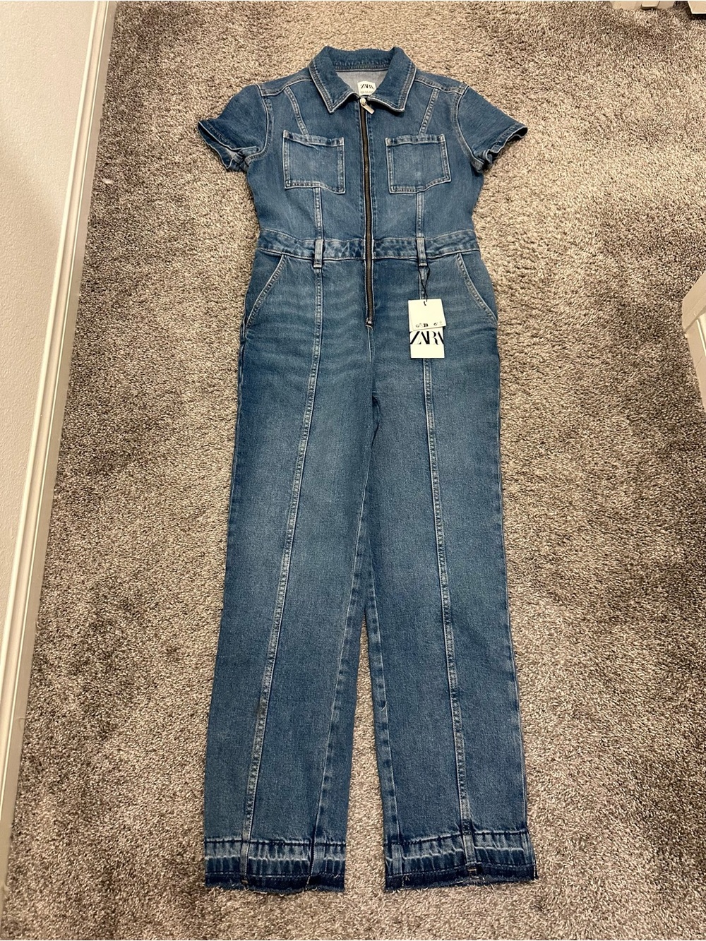 Zara Short-Sleeve Denim Jumpsuit